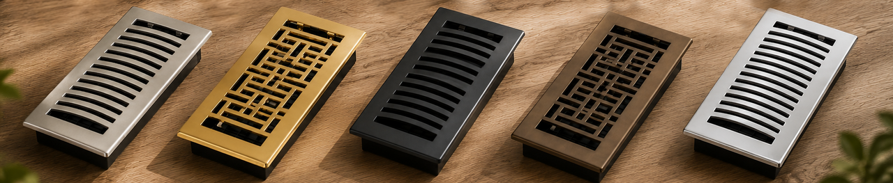 Premium metal floor register vents in decorative and modern styles with multiple finishes displayed on a wood surface.