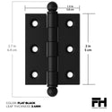 2" x 1-1/2" Cabinet Hinge, w/ Ball Tips, Solid Brass - Matte Black