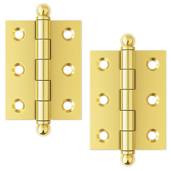 2" x 1-1/2" Cabinet Hinge, w/ Ball Tips, Solid Brass - Non Lacquered Polished Brass - 1 Pair