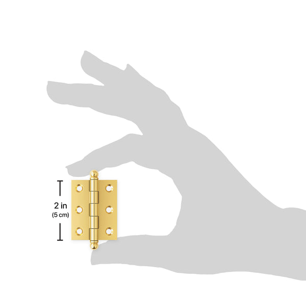 2" x 1-1/2" Cabinet Hinge, w/ Ball Tips, Solid Brass - Polished Brass - 1 Pair