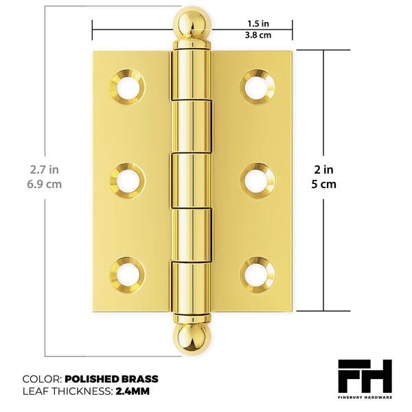 2" x 1-1/2" Cabinet Hinge, w/ Ball Tips, Solid Brass - Non Lacquered Polished Brass - 1 Pair