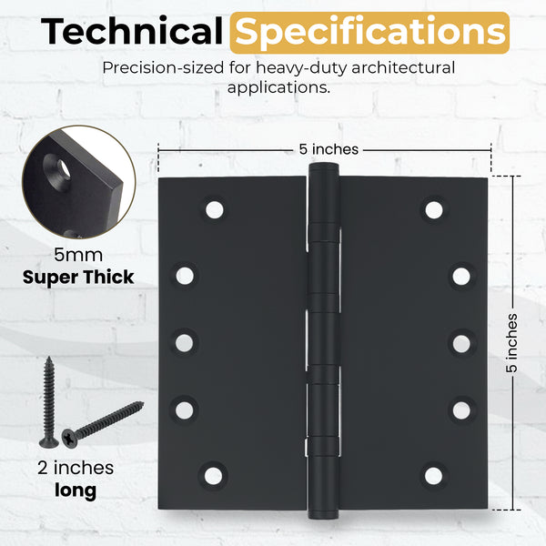 5x5 Inch Solid Brass Ball Bearing Entrance Door Hinge - Matte Black (Super Heavy Duty 5MM)