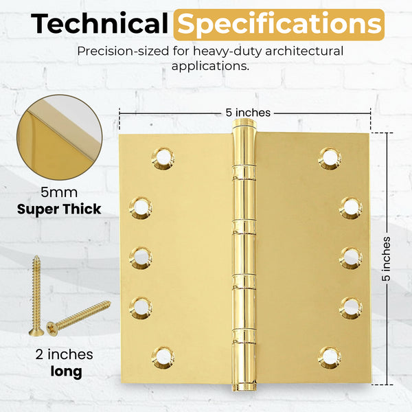 5x5 Inch Solid Brass Ball Bearing Entrance Door Hinge - Polished Brass (Super Heavy Duty 5MM)