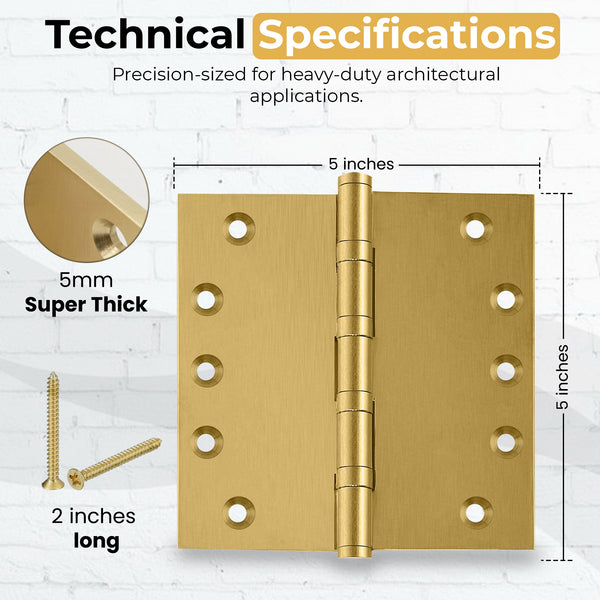 5x5 Inch Solid Brass Ball Bearing Entrance Door Hinge - Satin Brass (Super Heavy Duty 5MM)