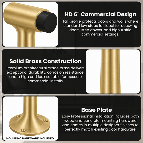 Heavy Duty 6″ Floor-Mount Door Stop – Solid Brass, Commercial Grade (Satin Brass)