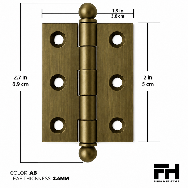 2" x 1-1/2" Cabinet Hinge, w/ Ball Tips, Solid Brass - Antique Brass - 1 Pair