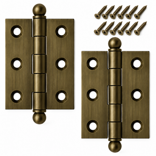 2" x 1-1/2" Cabinet Hinge, w/ Ball Tips, Solid Brass - Antique Brass - 1 Pair