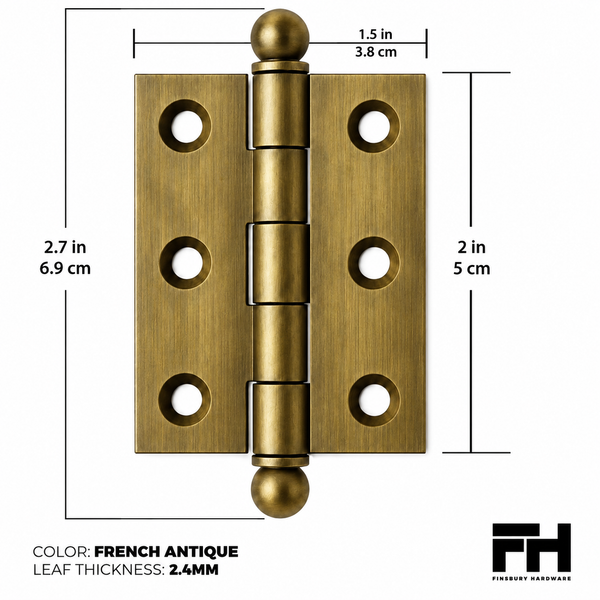2" x 1-1/2" Cabinet Hinge, w/ Ball Tips, Solid Brass - French Antique - 1 Pair