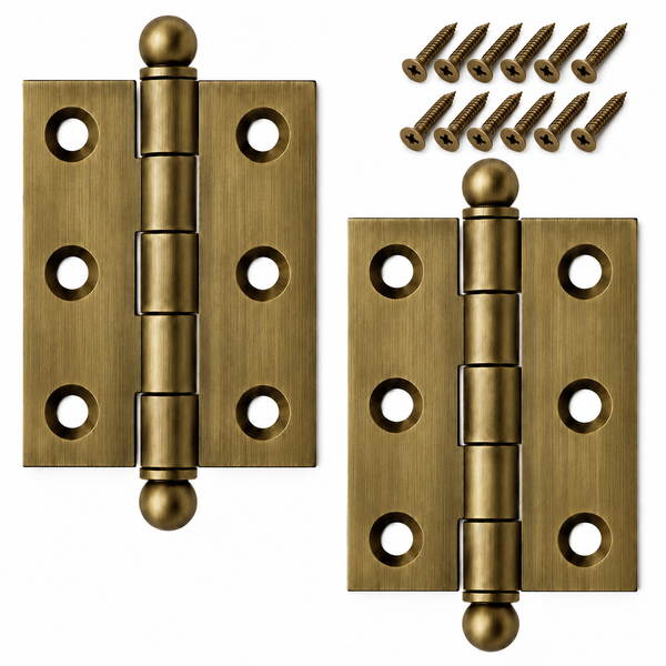 2" x 1-1/2" Cabinet Hinge, w/ Ball Tips, Solid Brass - French Antique - 1 Pair