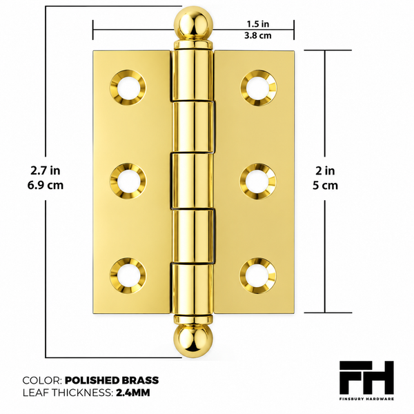 2" x 1-1/2" Cabinet Hinge, w/ Ball Tips, Solid Brass - Polished Brass - 1 Pair