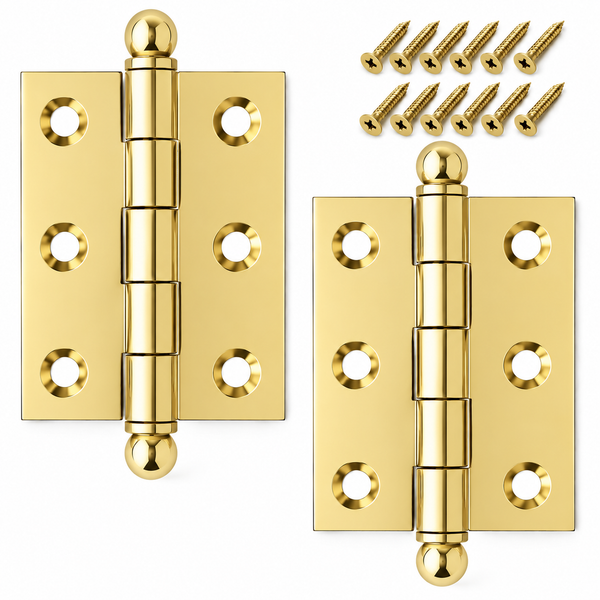 2" x 1-1/2" Cabinet Hinge, w/ Ball Tips, Solid Brass - Polished Brass - 1 Pair