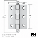 2" x 1-1/2" Cabinet Hinge, w/ Ball Tips, Solid Brass - Polished Chrome - 1 Pair