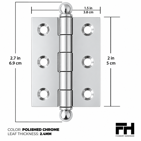 2" x 1-1/2" Cabinet Hinge, w/ Ball Tips, Solid Brass - Polished Chrome - 1 Pair