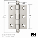 2" x 1-1/2" Cabinet Hinge, w/ Ball Tips, Solid Brass - Polished Nickel - 1 Pair