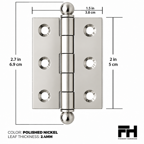 2" x 1-1/2" Cabinet Hinge, w/ Ball Tips, Solid Brass - Polished Nickel - 1 Pair