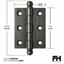 2" x 1-1/2" Cabinet Hinge, w/ Ball Tips, Solid Brass - Pewter - 1 Pair