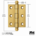 2" x 1-1/2" Cabinet Hinge, w/ Ball Tips, Solid Brass - Satin Brass - 1 Pair