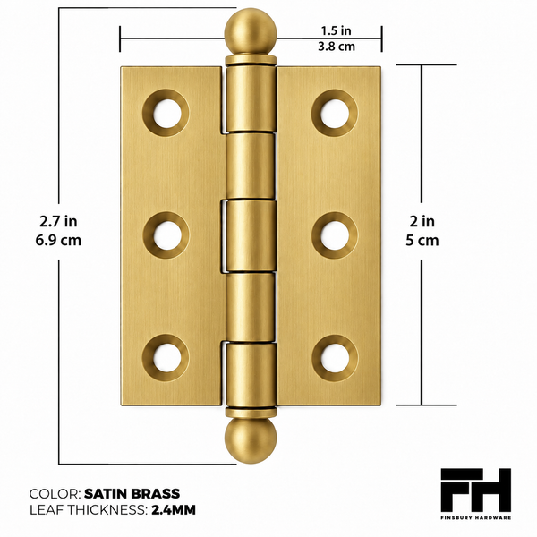 2" x 1-1/2" Cabinet Hinge, w/ Ball Tips, Solid Brass - Satin Brass - 1 Pair