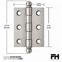 2" x 1-1/2" Cabinet Hinge, w/ Ball Tips, Solid Brass - Satin Nickel - 1 Pair