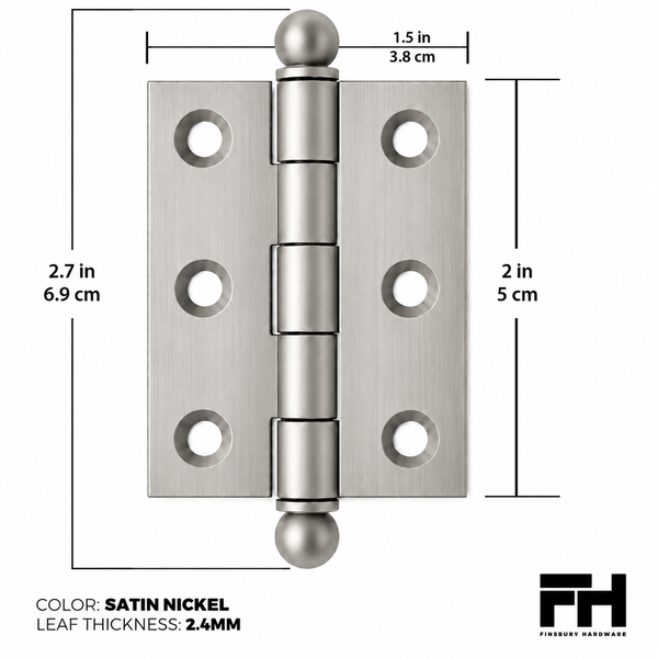 2" x 1-1/2" Cabinet Hinge, w/ Ball Tips, Solid Brass - Satin Nickel - 1 Pair