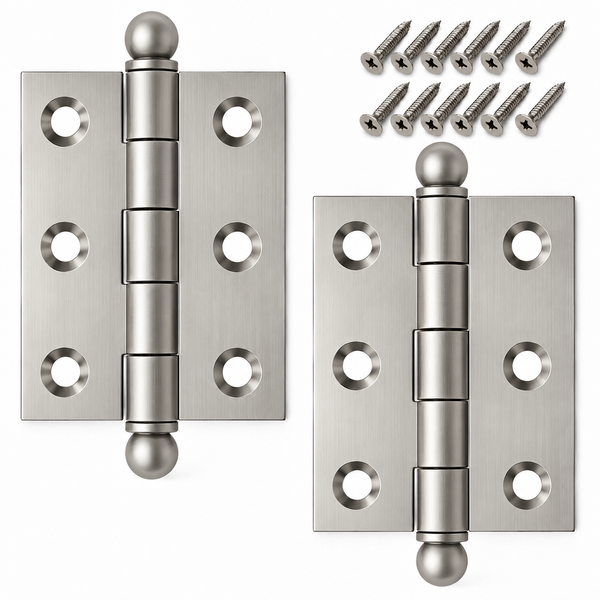 2" x 1-1/2" Cabinet Hinge, w/ Ball Tips, Solid Brass - Satin Nickel - 1 Pair