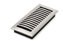 A stainless steel floor vent cover with black slats and a black base, shown at an angle on a white background.