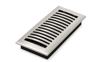 A stainless steel floor vent cover with black slats and a black base, shown at an angle on a white background.
