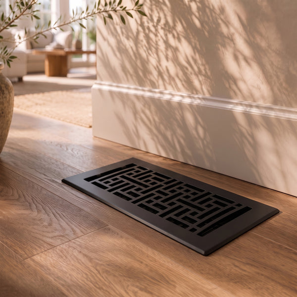 Floor Vent with Geometric Design and Adjustable Air Flow – Standard 4"×10" – Matte Black Finish (US19)