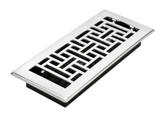 A rectangular floor vent cover with a polished chrome finish and a black geometric pattern, shown on a light gray background.