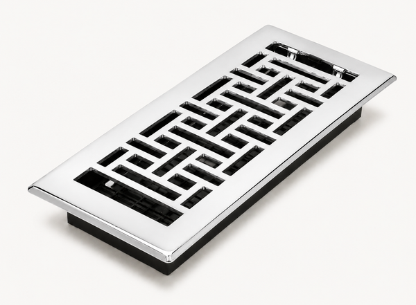 Floor Vent with Geometric Design and Adjustable Air Flow – Standard 4"×10" – Polished Chrome Finish (US26)
