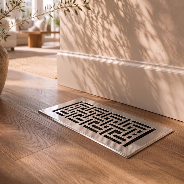 Floor Vent with Geometric Design and Adjustable Air Flow – Standard 4"×10" – Satin Nickel Finish (US15)