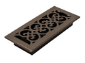 A rectangular decorative floor vent cover with an ornate scrollwork cutout pattern, finished in a dark bronze color, shown on a light gray background.