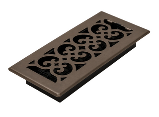 A rectangular decorative floor vent cover with an ornate scrollwork cutout pattern, finished in a dark bronze color, shown on a light gray background.