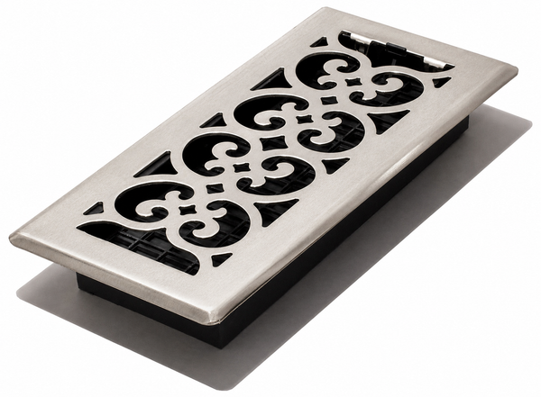 Floor Vent with Scroll Design and Adjustable Air Flow – Standard 4"×10" – Satin Nickel Finish (US15)