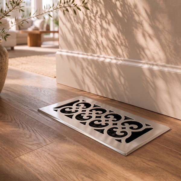 Floor Vent with Scroll Design and Adjustable Air Flow – Standard 4"×10" – Satin Nickel Finish (US15)