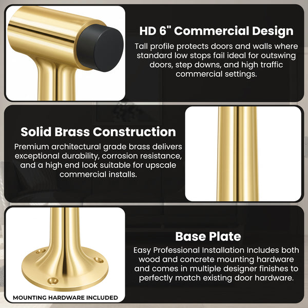 Heavy Duty 6″ Floor-Mount Door Stop – Solid Brass, Commercial Grade (Polished Brass)