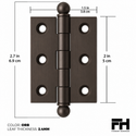 2" x 1-1/2" Cabinet Hinge, w/ Ball Tips, Solid Brass - Oil Rubbed Bronze - 1 Pair