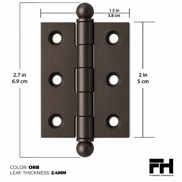2" x 1-1/2" Cabinet Hinge, w/ Ball Tips, Solid Brass - Oil Rubbed Bronze - 1 Pair