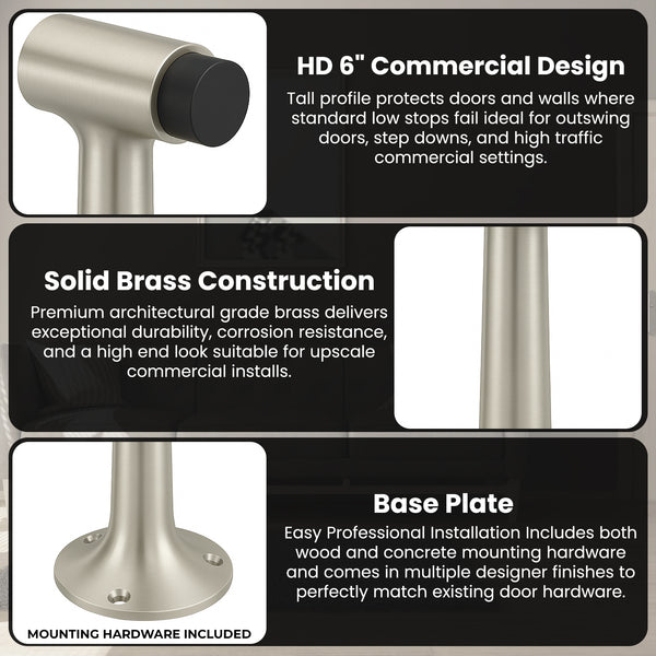 Heavy Duty 6″ Floor-Mount Door Stop – Solid Brass, Commercial Grade (Satin Nickel)