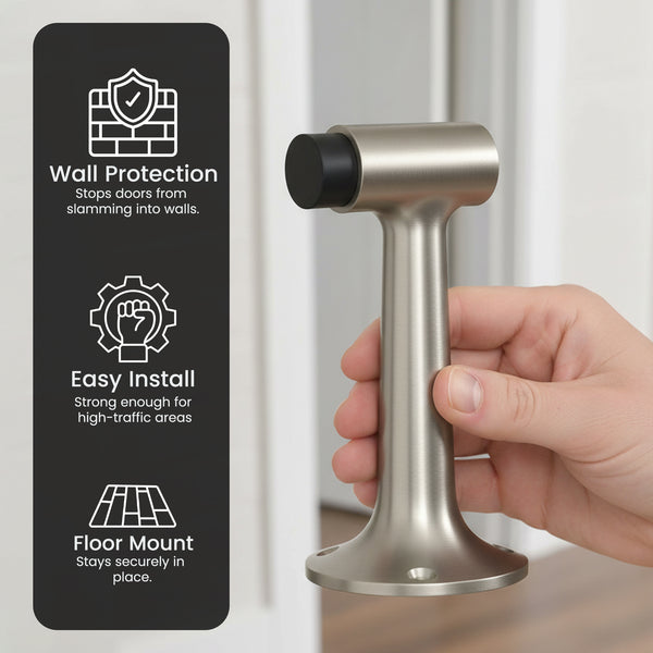 Heavy Duty 6″ Floor-Mount Door Stop – Solid Brass, Commercial Grade (Satin Nickel)