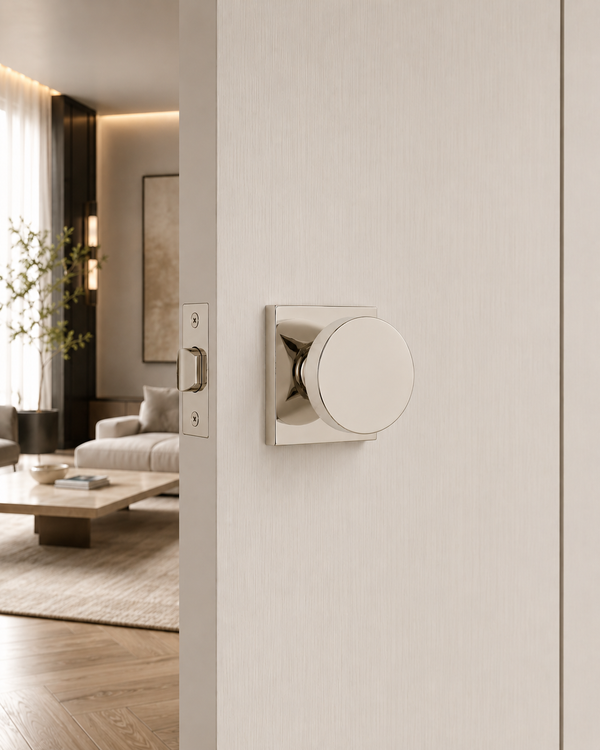 Round Door Knob Set with Square Rosette – Polished Nickel Finish (US14)