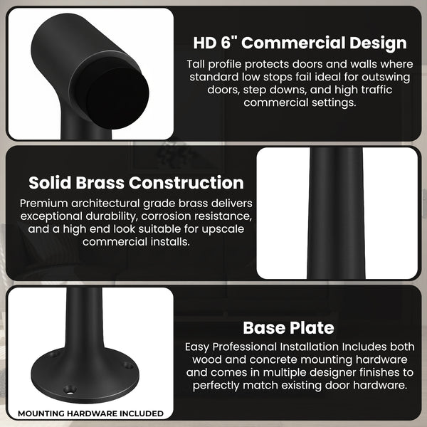 Heavy Duty 6″ Floor-Mount Door Stop – Solid Brass, Commercial Grade (Matte Black)